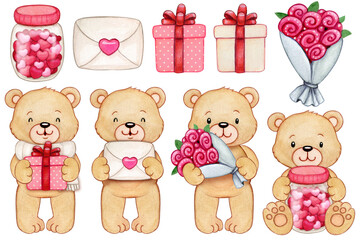 Watercolor hand drawn valentine's day bears and icons