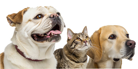 Obraz premium Portrait of a funny English Bulldog, a Scottish Straight cat, and a Labrador Retriever, close-up and isolated on a white background.