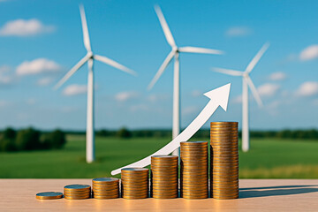 Wind turbines generate coins to demonstrate the concept of renewable energy source.
