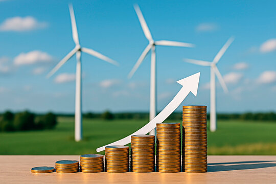 Wind turbines generate coins to demonstrate the concept of renewable energy source. - Powered by Adobe