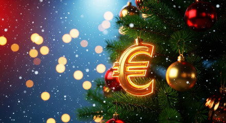 Gold euro sign ornament on Christmas tree. Festive holiday finance concept with bokeh lights and falling snow for winter business.
