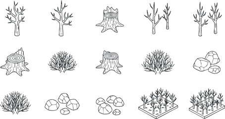 Obraz premium A collection of various tree types, stumps, rocks, and bushes in clean outline vector style, ideal for nature-themed designs
