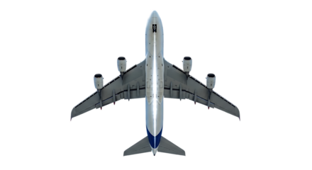 Top view of a large white passenger jet airplane with four engines and blue tail accents isolated on a transparent background