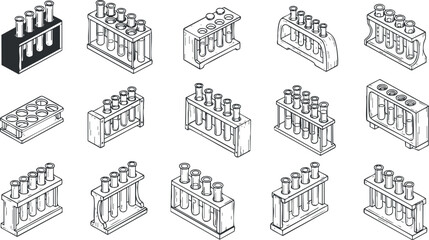 A collection of test tube racks with various test tubes in outline minimalist vector style, suitable for educational and scientific projects