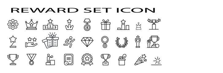 reward set of web icons in line style, featuring gift, trophy, recognition, reward program, medal, bonus, and other prize concepts, presented with an editable stroke for flexible digital design use.
