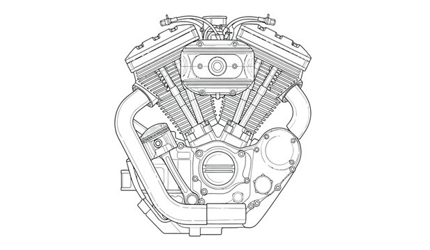 Detailed motorcycle engine blueprint style illustration on white background perfect for technical drawings and automotive designs featuring a clean silhouette