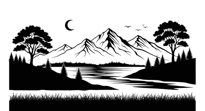 Black and white mountain landscape vector graphic illustration