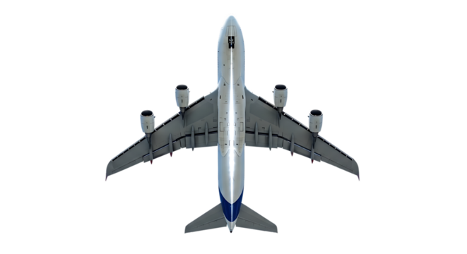 Top view of a large white passenger jet airplane with four engines and blue tail accents isolated on a transparent background