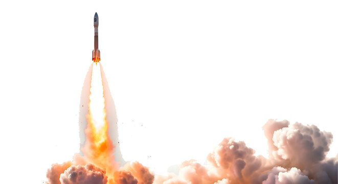 Rocket Launching with Fiery Exhaust Plumes and Billowing Smoke isolated on a transparent background space