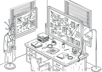 An isometric illustration of a workspace featuring a desk with documents, a lamp, and a coat rack, ideal for design and organization themes