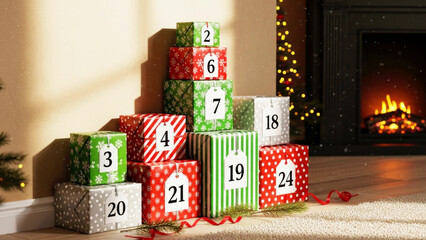 Stack of colorful advent calendar gift boxes with numbers and an electric fireplace and Christmas tree lights. Holiday countdown concept.