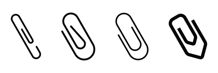 Paper clip icon set. Office paper clip in black. School supplies. Stationery elements. Vector Illustration isolated on white background.