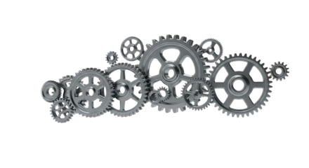 Interlocking metal gears, various sizes in a mechanical arrangement, cutout, PNG isolated on white or transparent background