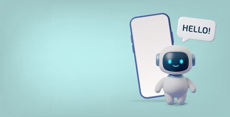 Cute 3D AI robot with smartphone and hello speech bubble. Friendly virtual assistant for chat, mobile apps, support services, technology concepts and modern digital communication