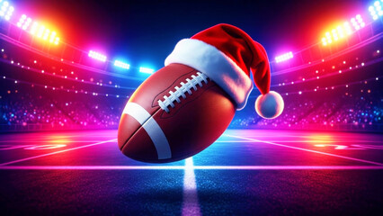 Obraz premium American football ball wearing a Christmas Santa hat on a brightly lit stadium field. Festive sports event and holiday celebration concept.