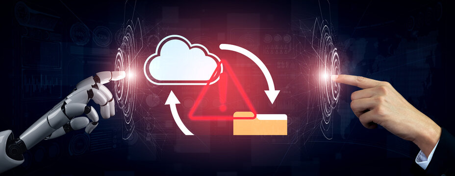 A dynamic graphic showcasing the interaction between a robotic hand and a human hand in a futuristic digital environment focusing on cloud technology and data transfer. Gantry