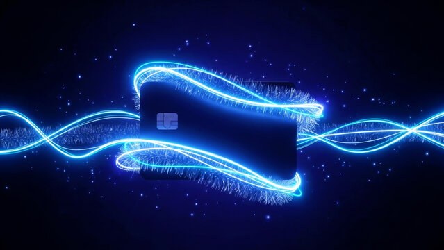 Credit card surrounded by glowing blue light trails. Data transfer and secure modern payment concept for online financial transaction.