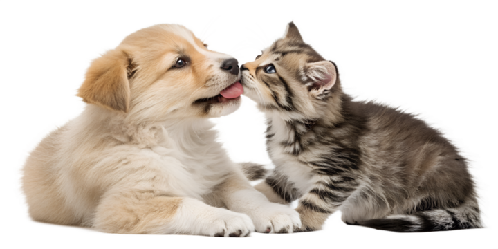 Cute portrait of a puppy and kitten licking together, isolated on a white background. Adorable pet moment showing sweet interaction between two young animals