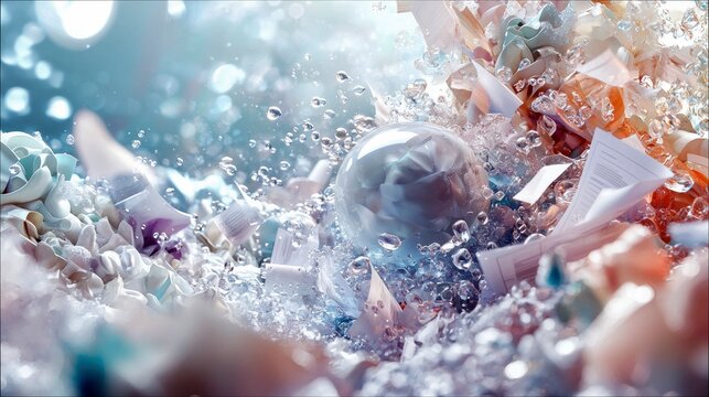 An abstract composition featuring water droplets, paper fragments, and floral elements, creating a dynamic and artistic visual.