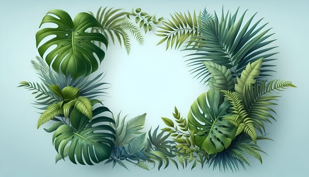 Fresh Exotic Lush Tropical Botanical Art Jungle Background Menu Border Frame with Monstera Leaves Palm Fronds Flowers & Ferns Against Light Blue Copy Space. Watercolor For Summer Vibes Greeting Cards.