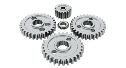 Collection of five metallic grey gears, varying sizes arranged in a circular pattern, cutout, PNG isolated on white or transparent background