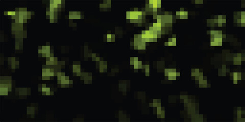 Abstract pixelated background with glowing green squares and rectangles scattered on a black void, suggesting digital data or a futuristic luminous effect for technology and gaming themes