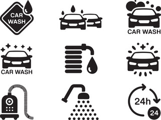 Various car wash service icons depict automated cleaning, detailing, and operating hours