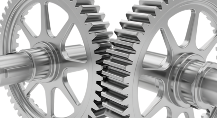 Two interlocking silver metal gears meshing together, close up detail, cutout, PNG isolated on white or transparent background