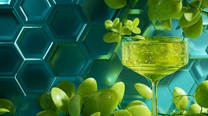 Vibrant green cocktail in a coupe glass with sparkling liquid, surrounded by fresh green grapes against a geometric teal hexagonal background, creating a modern mixology art composition