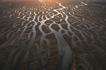 Aerial view of braided river delta landscape at sunset