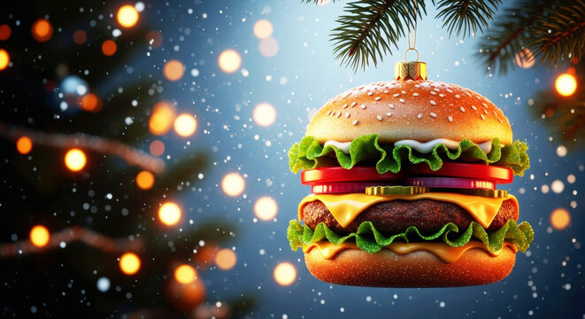 Christmas hamburger ornament hanging from a pine branch. Festive fast food and holiday season with snow and blurred lights. Unconventional celebration concept. - Powered by Adobe