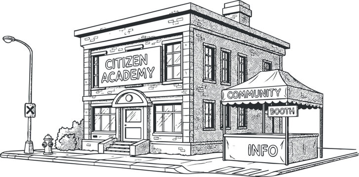 A detailed illustration of a citizen academy building with a community information booth in outline vector style, suitable for educational and civic projects