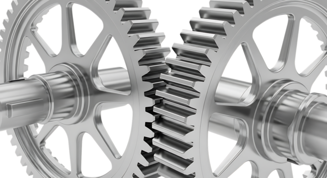 Two interlocking silver metal gears meshing together, close up detail, cutout, PNG isolated on white or transparent background - Powered by Adobe