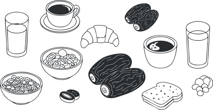 A collection of breakfast items including coffee, croissant, dates, and cereal in black and white outline vector style, perfect for food-related graphics