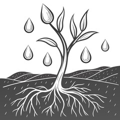 Stylized illustration of a young plant with extensive roots receiving water drops from the sky