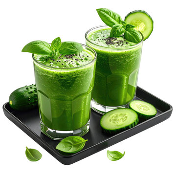 Two refreshing green smoothies with cucumber and basil on a black tray