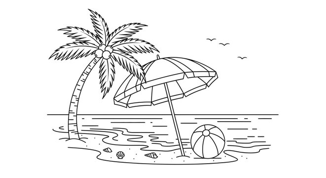 Beach scene coloring page summer vacation palm tree line art