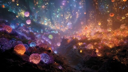 Obraz premium Enchanted glowing orbs illuminate a magical landscape, perfect for fantasy book covers or vibrant, imaginative marketing campaigns