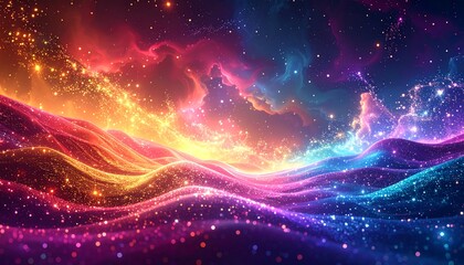 Vibrant Cosmic Waves and Sparkling Stardust in a Colorful Nebula.