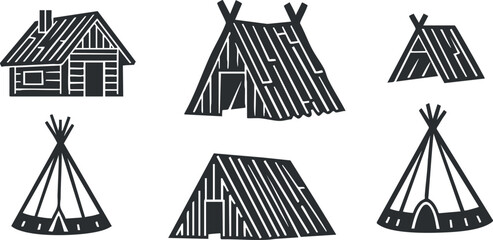 A collection of various tent and cabin designs in black and white geometric vector style, suitable for outdoor adventure themes