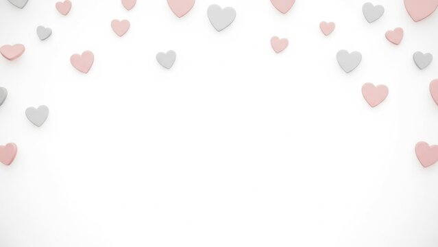 Soft pink and gray hearts falling gently against white background