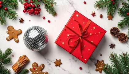 Festive Christmas flat lay with red gift box gingerbread cookies pine branches and disco ball.