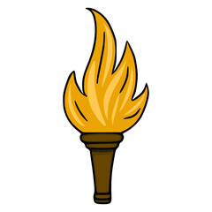 A stylized vector illustration of a lit torch with bright orange and yellow flames and a dark brown handle, presented in a clean, graphic style.