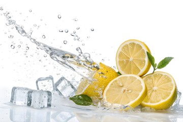 Lemon Slices and Ice Cubes Splashing in Water on White Background
