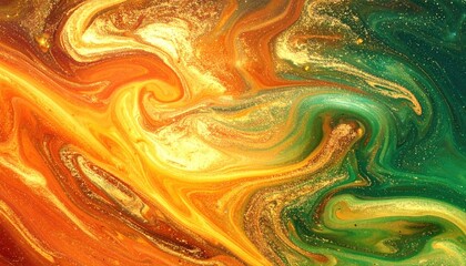 Vibrant Abstract Swirling Liquid Art with Gold Glitter Texture.