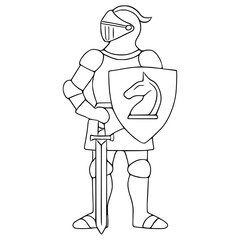 Stylized vector illustration of a medieval knight in full armor holding a sword and shield with a chess knight emblem.