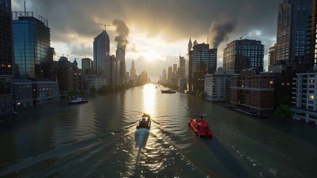 Drone footage of a flooded river caused a damage in a city under cloudy sky huge natural disaster destroyed catastrophic heavy water