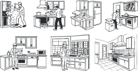 A collection of kitchen renovation illustrations depicting various tasks like cleaning, organizing, and installing appliances in outline vector style, suitable for home improvement projects