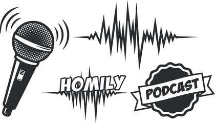 A microphone with sound waveforms and podcast elements in black and white flat vector style, ideal for media branding and promotional materials