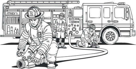 A group of firefighters in action with a fire truck in black and white outline vector style, ideal for educational materials or emergency services branding